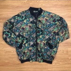 Vintage 100% Silk Bomber Jacket 80s 90s Abstract Print Stranger Things Vibe